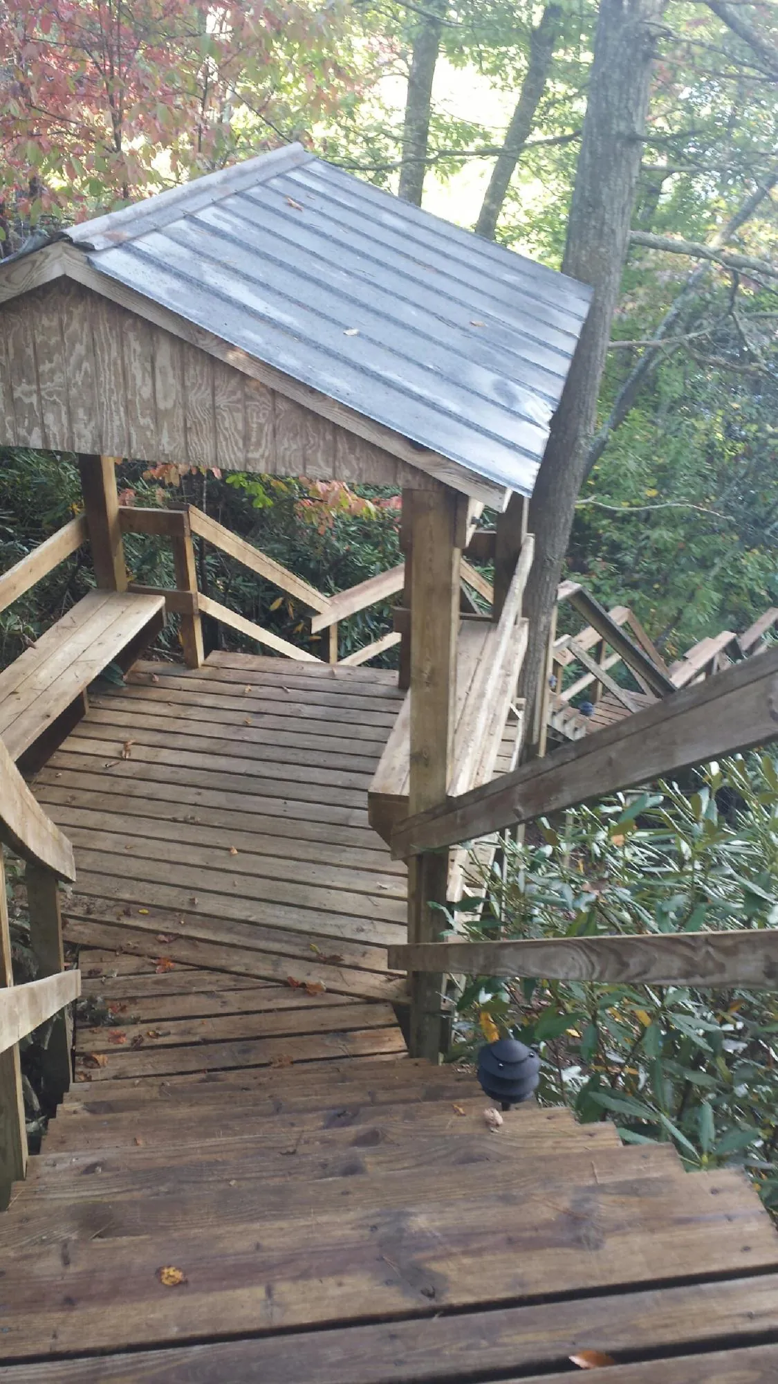 Metal roofed shelter over wooden steps on a wooded walkway — Skylight Repair & Installation work by our crew in Gaylord